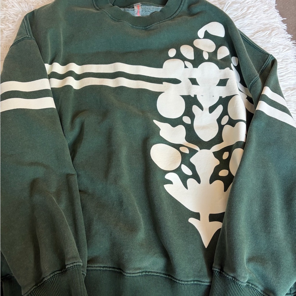 Free People Green Crewneck Top with White Graphic